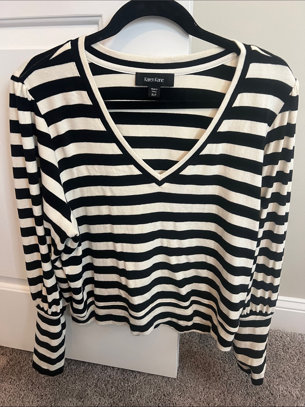 Karen Kane Black & White Striped V-Neck Long Sleeve Top